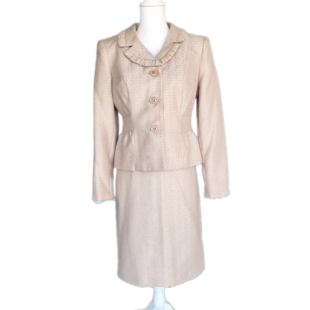 Giorgio Sant Angelo 2pc Skirt Suit Set Womens‎ 10P Cream Gold Church Office NEW